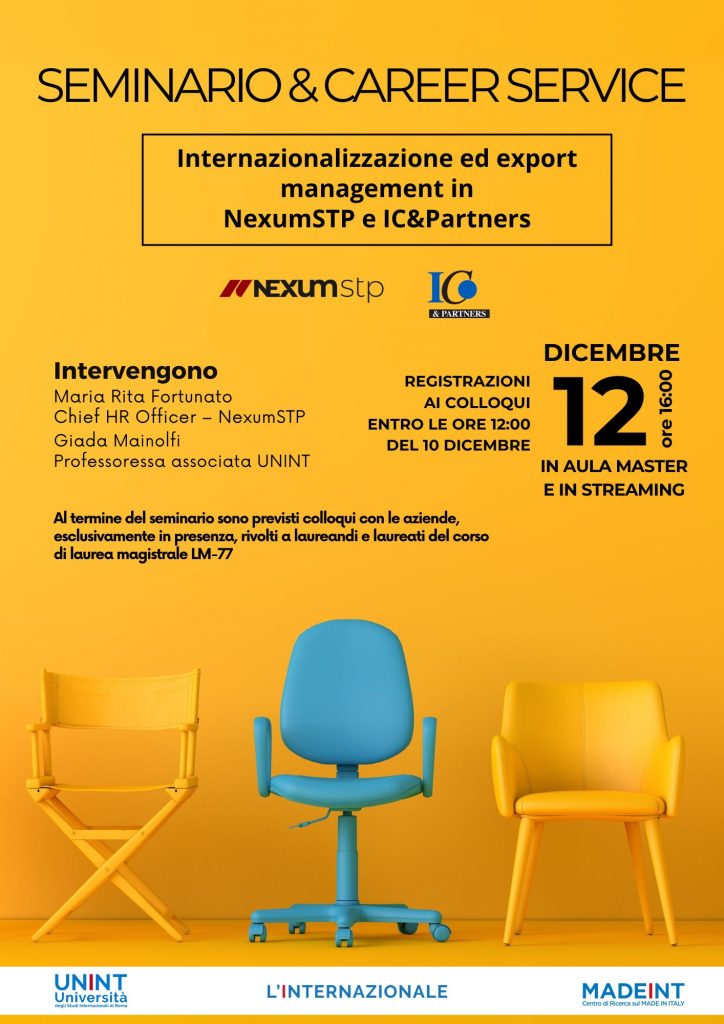 Seminario & career service - Internazionalizzazione ed export management in NexumSTP e IC&Partners